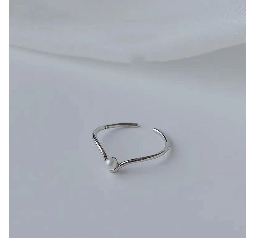 Faux Pearl V Shape Sterling Silver Open Ring