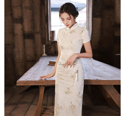 Short-Sleeve Floral Midi Qipao