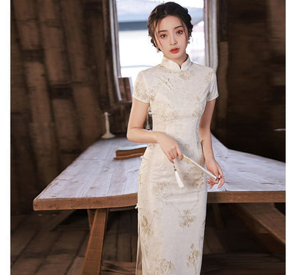 Short-Sleeve Floral Midi Qipao