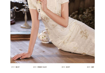 Short-Sleeve Floral Midi Qipao