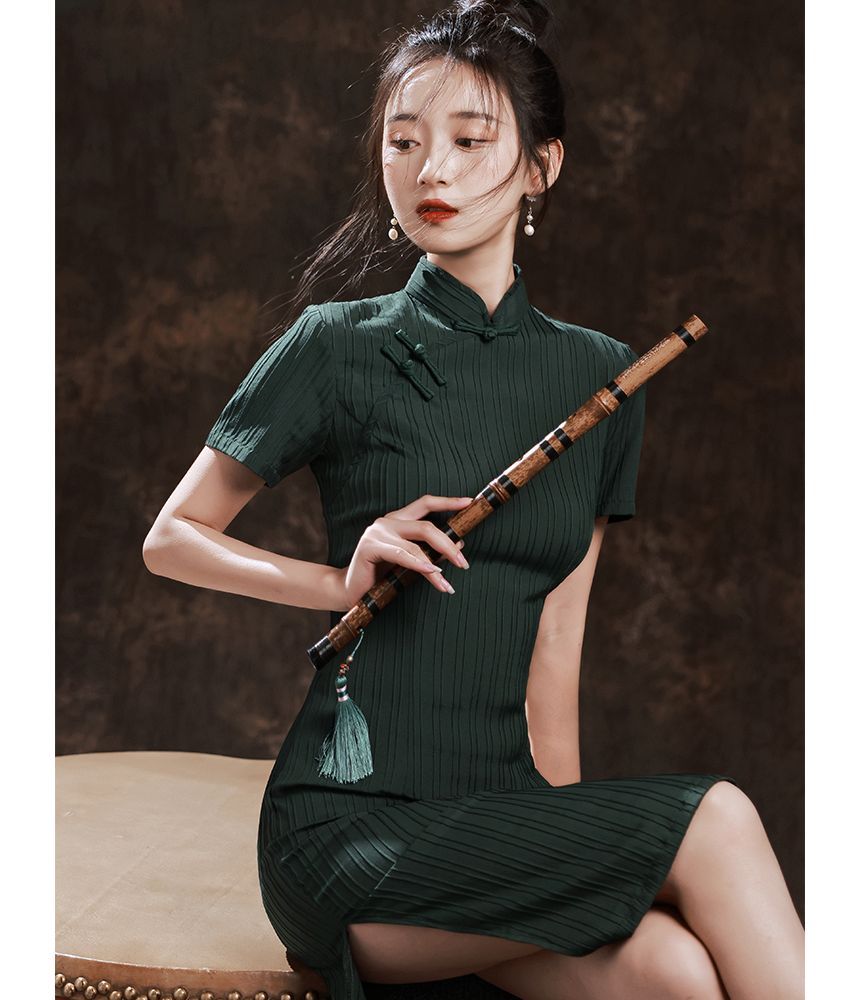 Short-Sleeve Striped Qipao