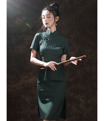 Short-Sleeve Striped Qipao