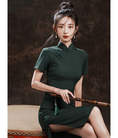 Short-Sleeve Striped Qipao