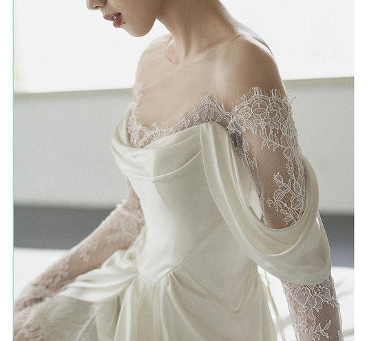 Long-Sleeve Off-Shoulder Plain Lace Panel A-Line Wedding Gown