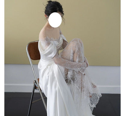 Long-Sleeve Off-Shoulder Plain Lace Panel A-Line Wedding Gown