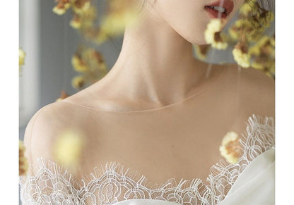 Lace Long-Sleeve A-Line Panel Off-Shoulder Wedding Gown Plain