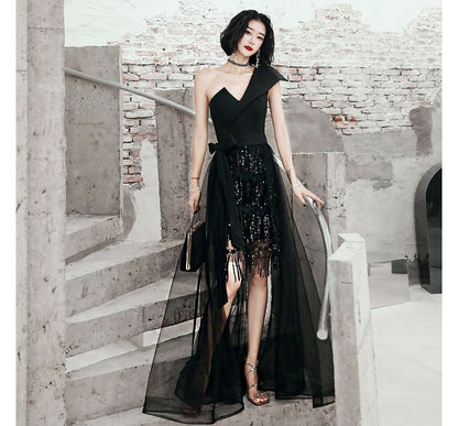 One-Shoulder Gown Evening Sequin Low Fringed High