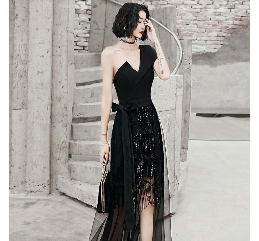 One-Shoulder Gown Evening Sequin Low Fringed High