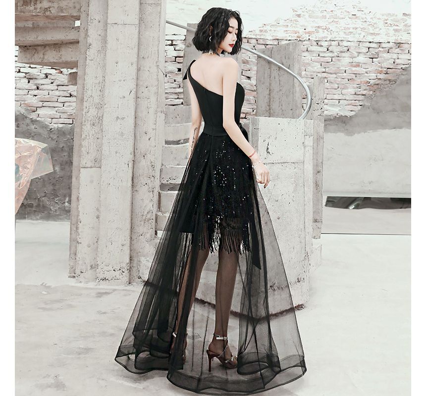 One-Shoulder Gown Evening Sequin Low Fringed High