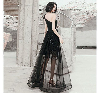 One-Shoulder Gown Evening Sequin Low Fringed High
