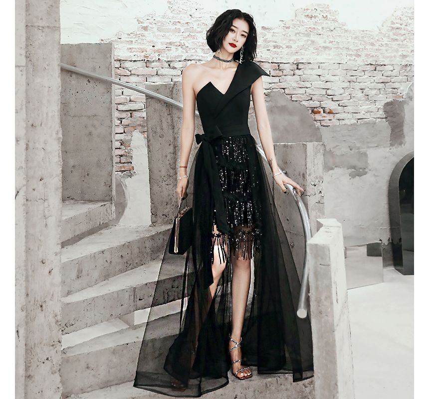 One-Shoulder Gown Evening Sequin Low Fringed High