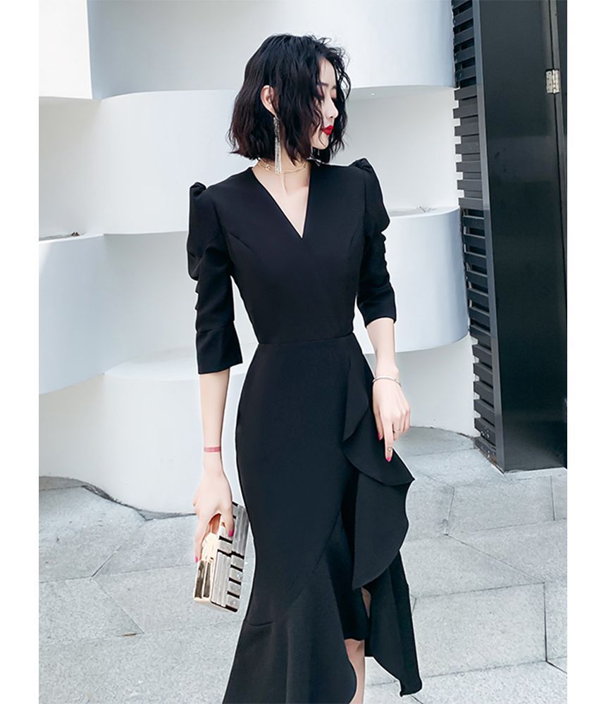 3/4-Sleeve V-Neck Ruffle Asymmetrical Mermaid Cocktail Dress