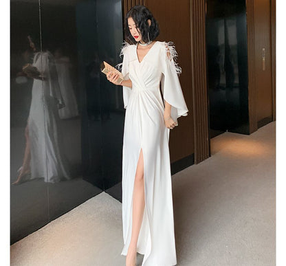 Cape-Sleeve V-Neck Plain Silt A-Line Evening Gown