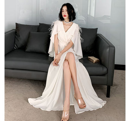 Silt Gown Evening Plain Cape-Sleeve V-Neck A-Line