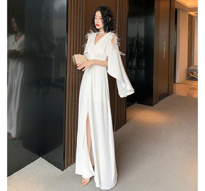 Cape-Sleeve V-Neck Plain Silt A-Line Evening Gown