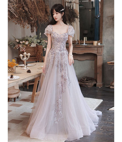 Sequin Evening Cap-Sleeve Mesh A-Line Gown