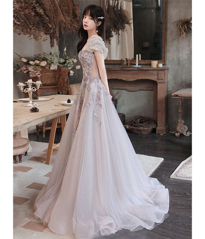 Sequin Evening Cap-Sleeve Mesh A-Line Gown