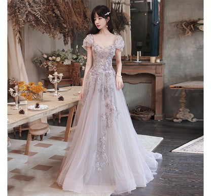 Sequin Evening Cap-Sleeve Mesh A-Line Gown