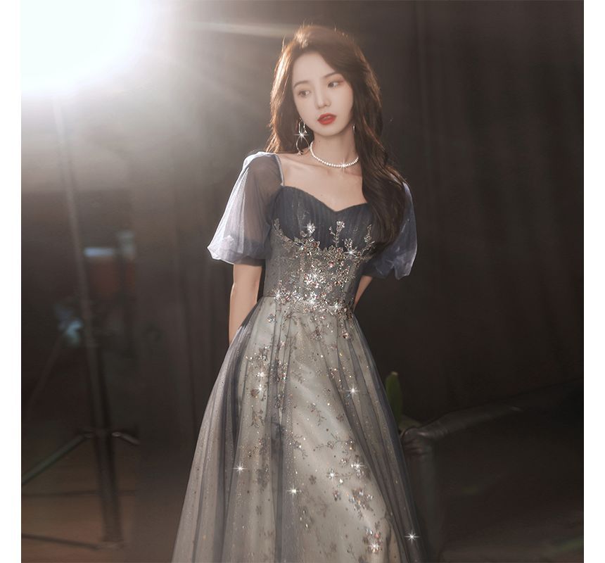 Mesh Short-Sleeve A-Line Gown Sequin Evening
