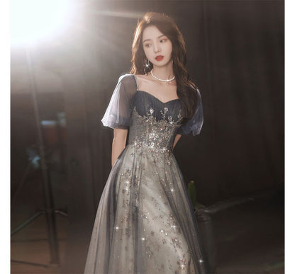 Mesh Short-Sleeve A-Line Gown Sequin Evening