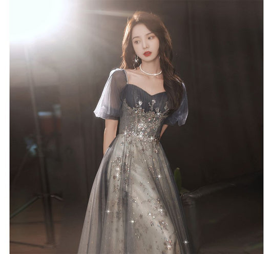 Short-Sleeve Sequin Mesh A-Line Evening Gown