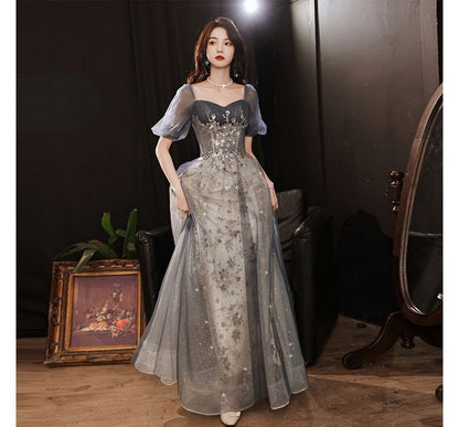 Mesh Short-Sleeve A-Line Gown Sequin Evening