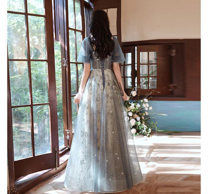 Short-Sleeve Sequin Mesh A-Line Evening Gown