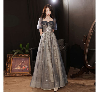 Mesh Short-Sleeve A-Line Gown Sequin Evening