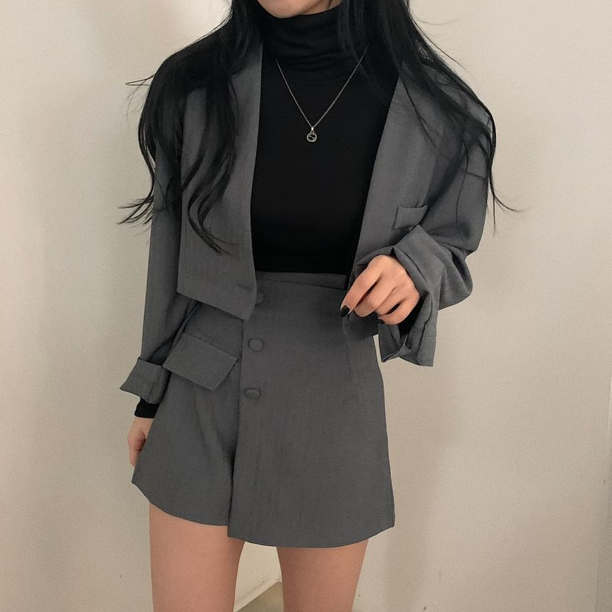 Set: Single-Button Cropped Plain Blazer + Buttoned Mini Skirt