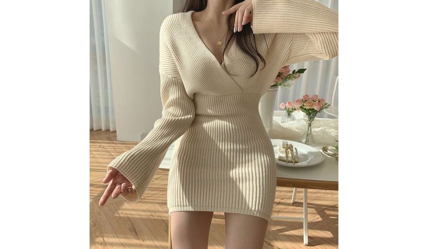 V-Neck Slim-Cut Rib-Knit Mini Dress