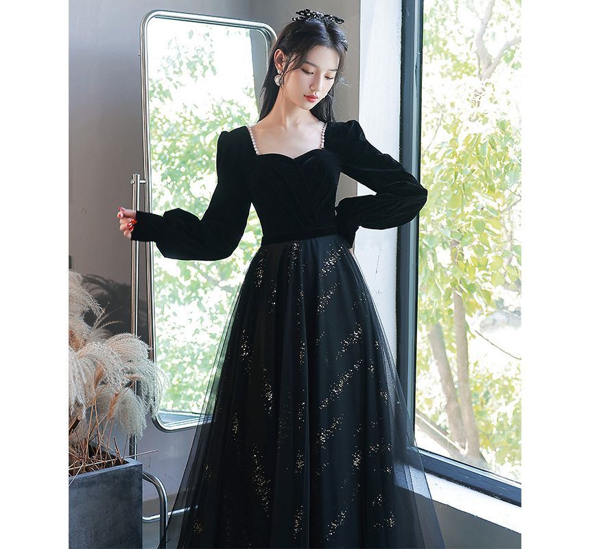 Bead A-Line Puff-Sleeve Evening Glitter Trim Gown
