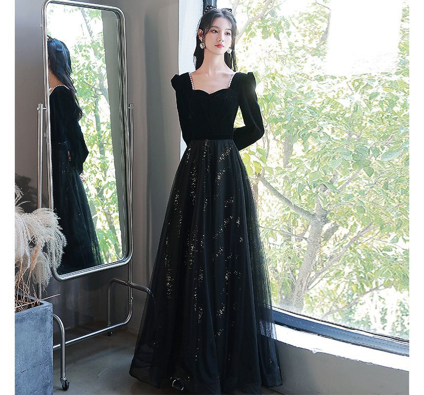 Bead A-Line Puff-Sleeve Evening Glitter Trim Gown