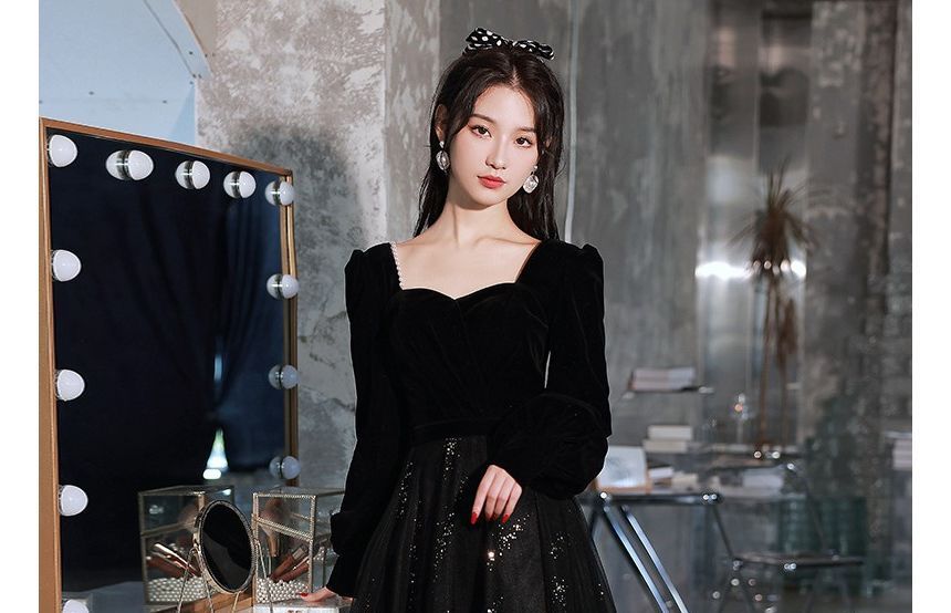 Bead A-Line Puff-Sleeve Evening Glitter Trim Gown