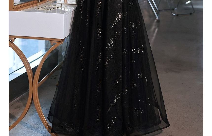 Bead A-Line Puff-Sleeve Evening Glitter Trim Gown