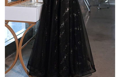 Bead A-Line Puff-Sleeve Evening Glitter Trim Gown