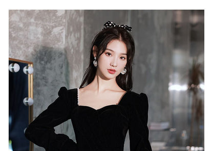 Bead A-Line Puff-Sleeve Evening Glitter Trim Gown