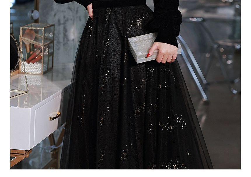 Bead A-Line Puff-Sleeve Evening Glitter Trim Gown