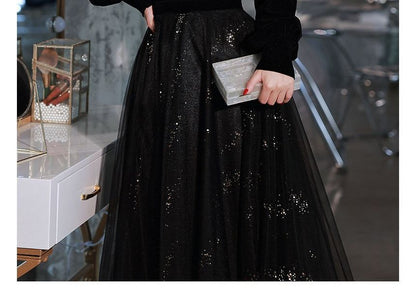 Bead A-Line Puff-Sleeve Evening Glitter Trim Gown