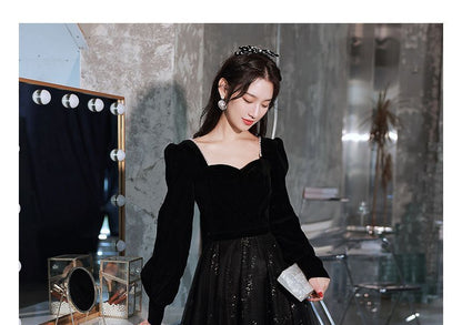 Bead A-Line Puff-Sleeve Evening Glitter Trim Gown