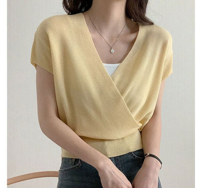 Short-Sleeve V-Neck Plain Knit Top