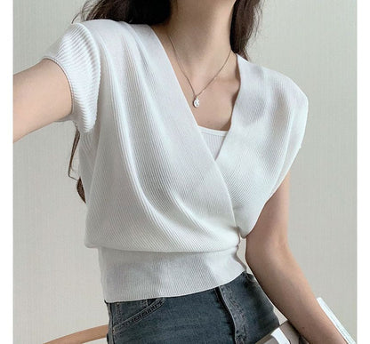 Short-Sleeve V-Neck Plain Knit Top