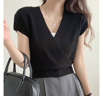 Short-Sleeve V-Neck Plain Knit Top