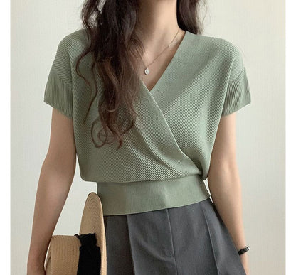 Short-Sleeve V-Neck Plain Knit Top