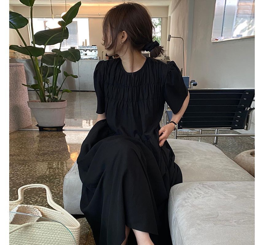 Short-Sleeve Crew Neck Plain Midi A-Line Dress