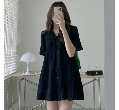 Short-Sleeve Plain Mini A-Line Shirt Dress