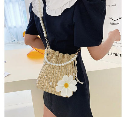 Faux Pearl Strap Woven Bucket Bag