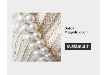 Faux Pearl Strap Woven Bucket Bag