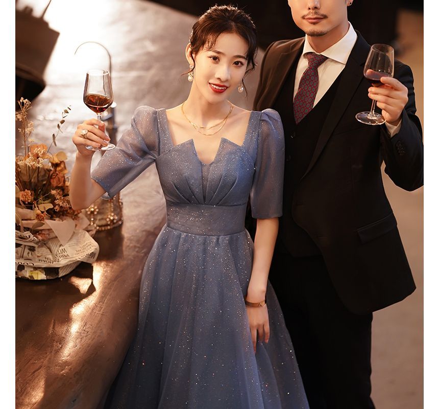 Gown Short-Sleeve Mesh A-Line Evening Notched