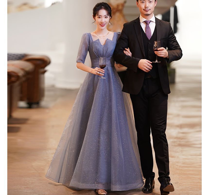 Gown Short-Sleeve Mesh A-Line Evening Notched