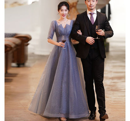 Gown Short-Sleeve Mesh A-Line Evening Notched